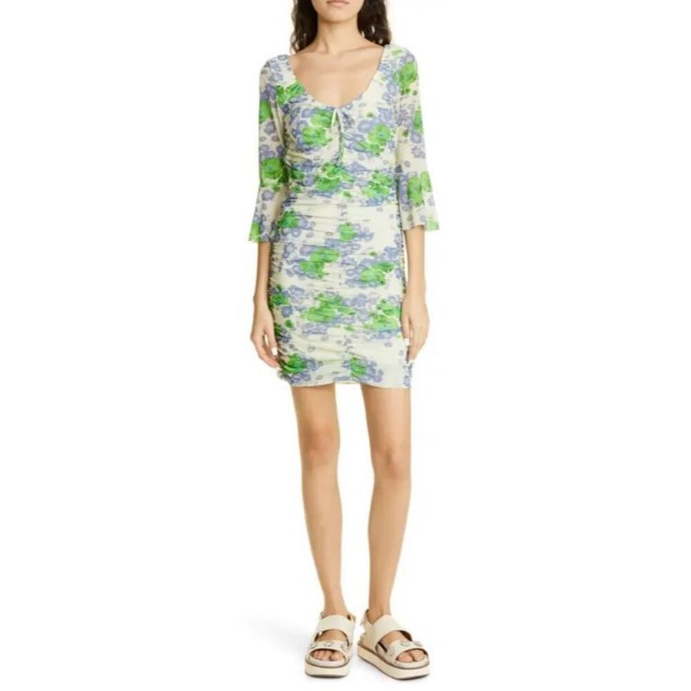 Ganni NWT Floral Ruched Bell Sleeve Printed Mesh Mini Dress in Egret size 6 EU38